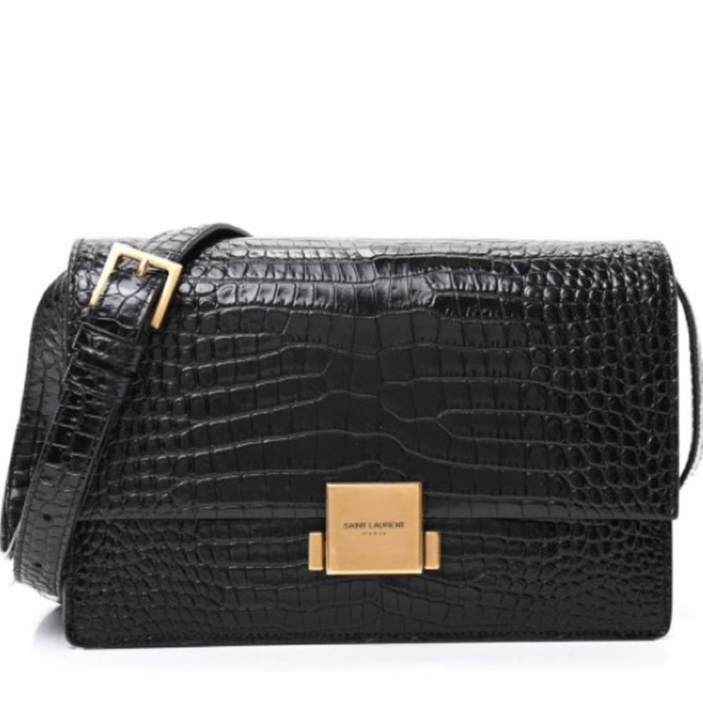 SAINT LAURENT Bellechasse Black Croc-Embossed Bag